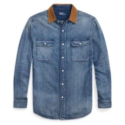 Men's Classic Fit Denim Corduroy-Collar Shirt -Venum Shop 25673161 INDIGO 3 3