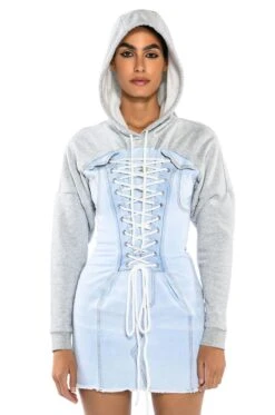 THE LAST WORD LACE UP DENIM HOODIE MINI DRESS