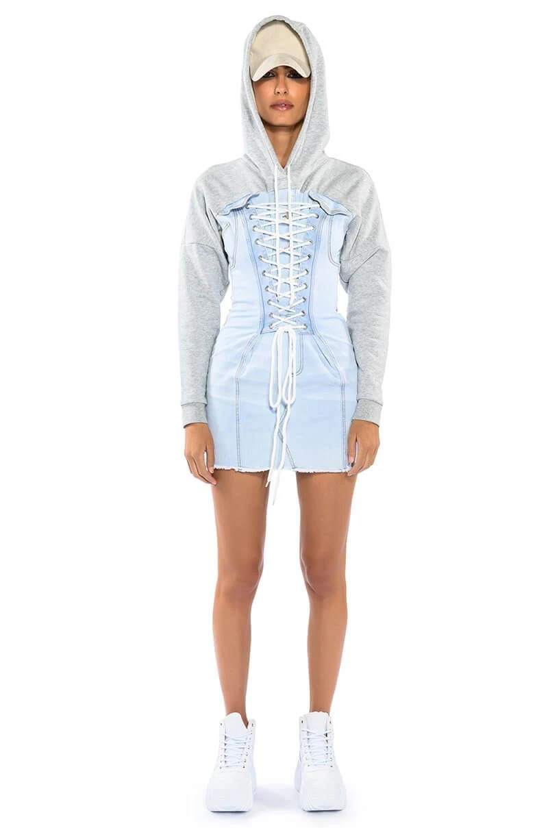 THE LAST WORD LACE UP DENIM HOODIE MINI DRESS 5 THE LAST WORD LACE UP DENIM HOODIE MINI DRESS - Image 3